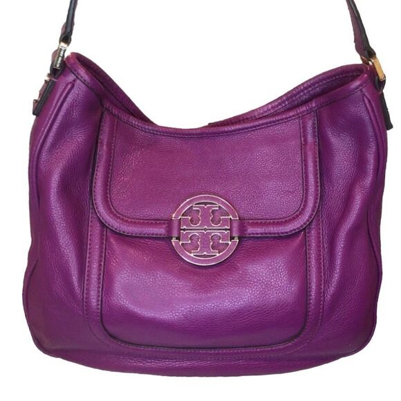 TORY BURCH Amanda Hobo Purple Tumbled Leather Front Pocket Oversized Bag - Picture 4 of 17